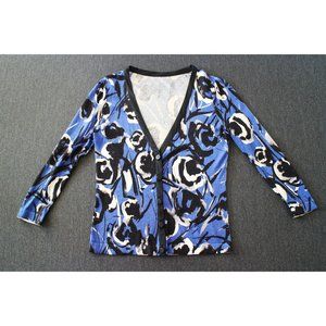 Blue Black Abstract Floral 3/4 Sleeve Button Down Cardigan Size XS